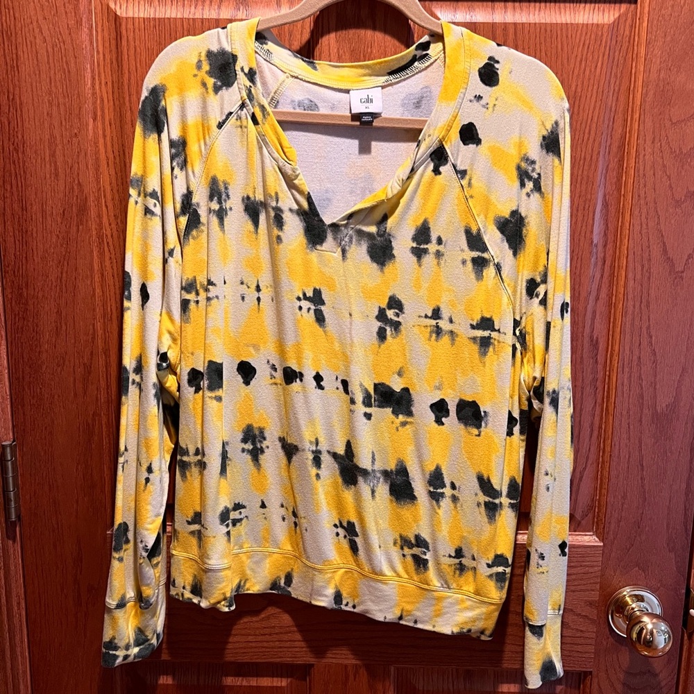 Cabi #6049 Atomic Lounger Yellow Black Tie Dye Long Sleeve Super Soft Top